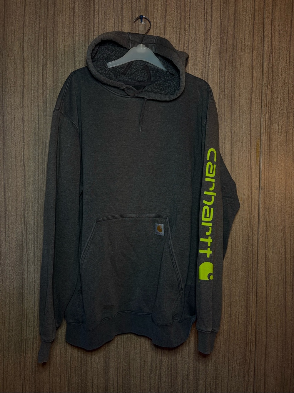 Carhartt Men’s Dark Gray Pullover Hoodie with Neon Yellow Sleeve Logo